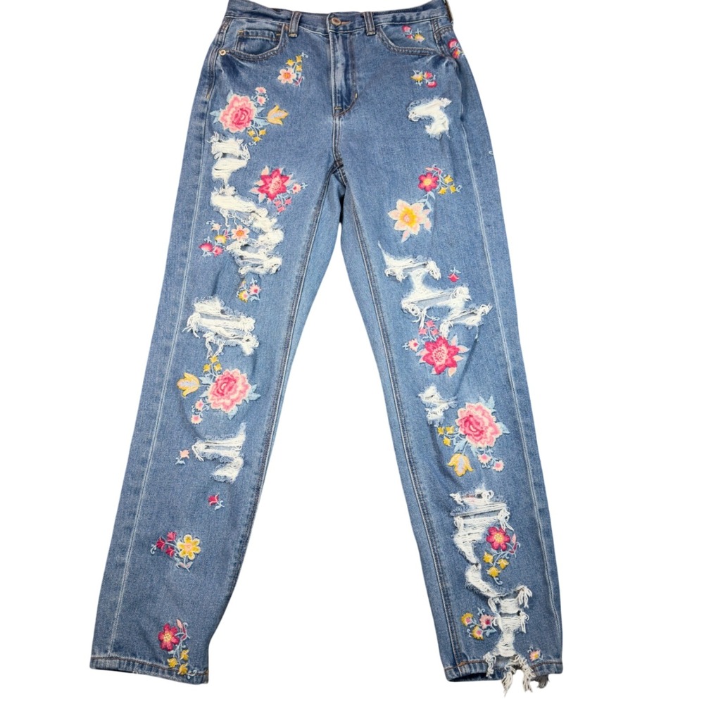 American Eagle Floral Embroidered Distressed Mom Jeans Blue Womens 2 Regular
